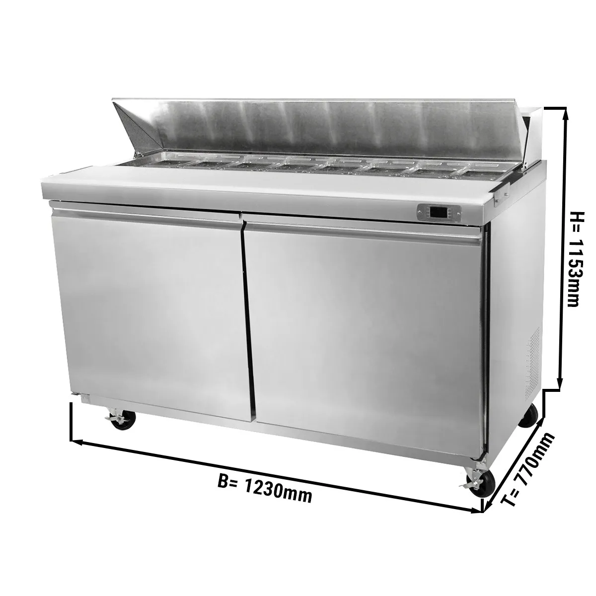 pizzakuhltisch-saladette-premium-1-23-x-0-77-m-396-liter-mit-2-turen-1 Saladette American Style PREMIUM - 1230mm - 396 Liter - 2 Türen - inkl. 12x GN 1/6 Behälter